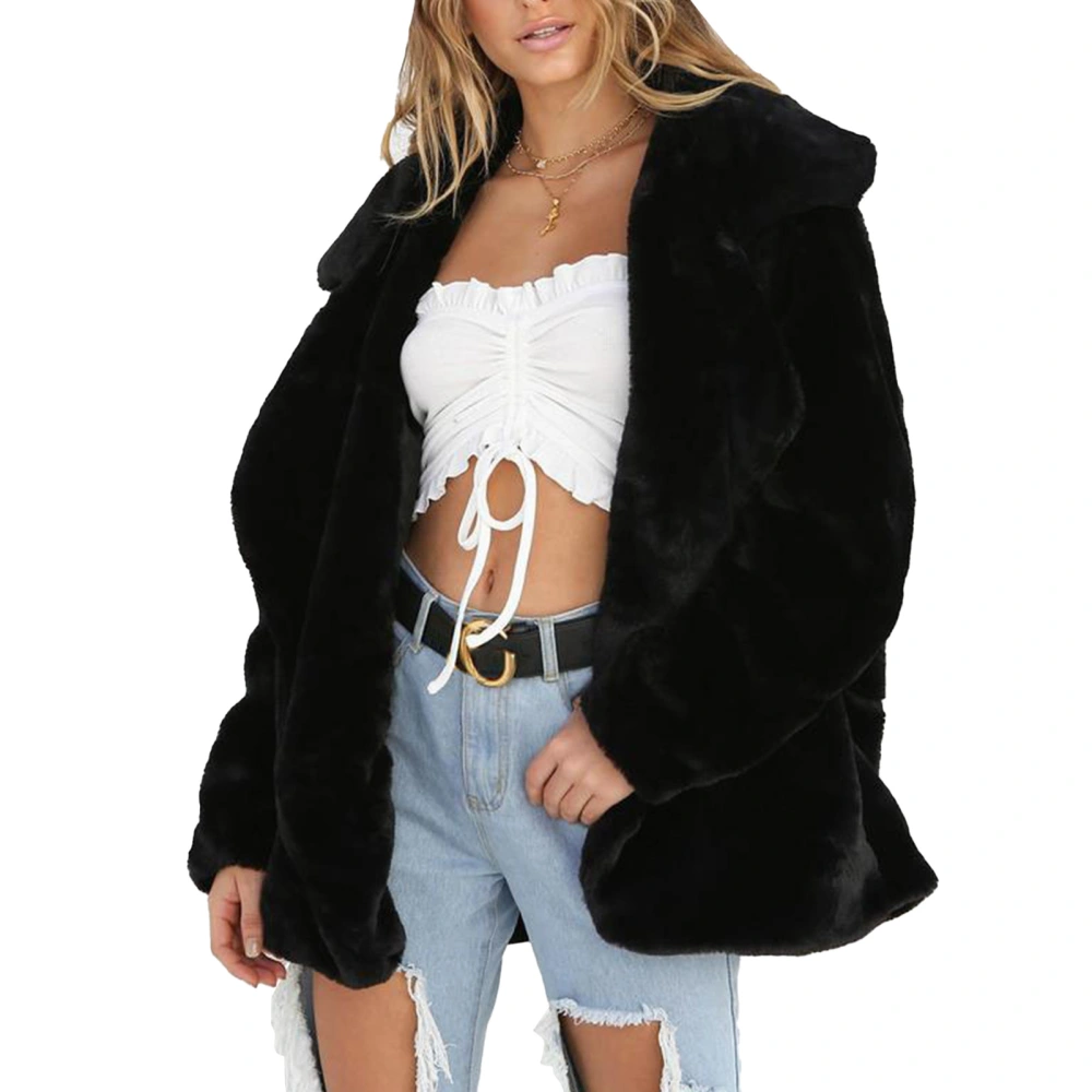 Plush Jacket Pure Color Casual Loose Long Sleeve Winter Fleece Warm Coat Outwear for Party Shopping Black S