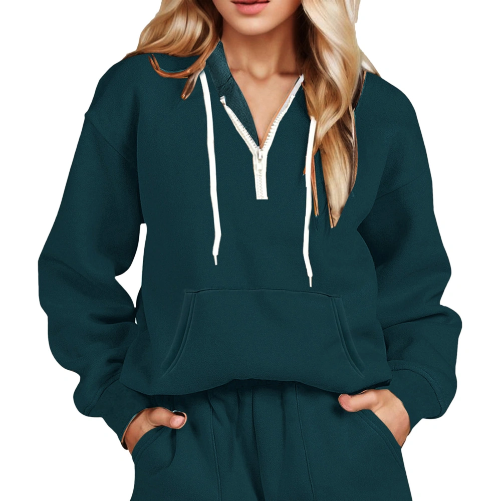 Half Zip Hooded Blouse Drawstring Pockets Casual Top Hoodies Long Sleeve Soft Stylish Pullover Blouse for Women Green S