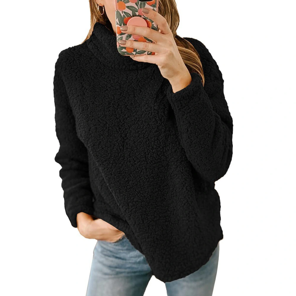 Women Long Sleeve Blouse High Neck Solid Color Warm Comfortable Soft for Daily Work Shopping Black L