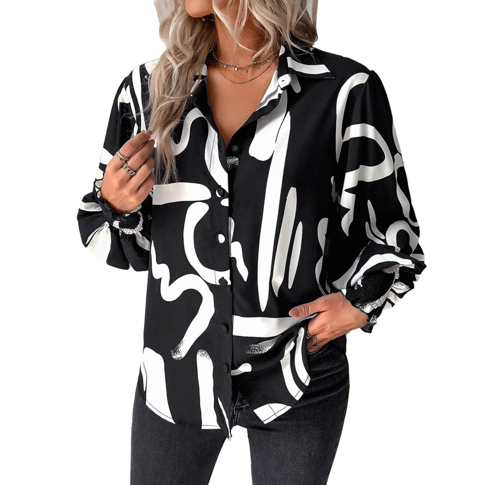 Lantern Sleeve Button Up Shirt Shirred Cuff Turn Down Collar Casual Fitted Printed Button Up Blouse Black with White Flower XL