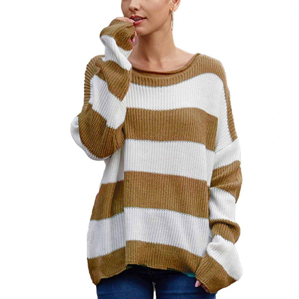 Women Knit Sweater Round Neck Fashion Style Casual Stripe Contrast Color Loose Long Sleeve Pullover Jumper Khaki L