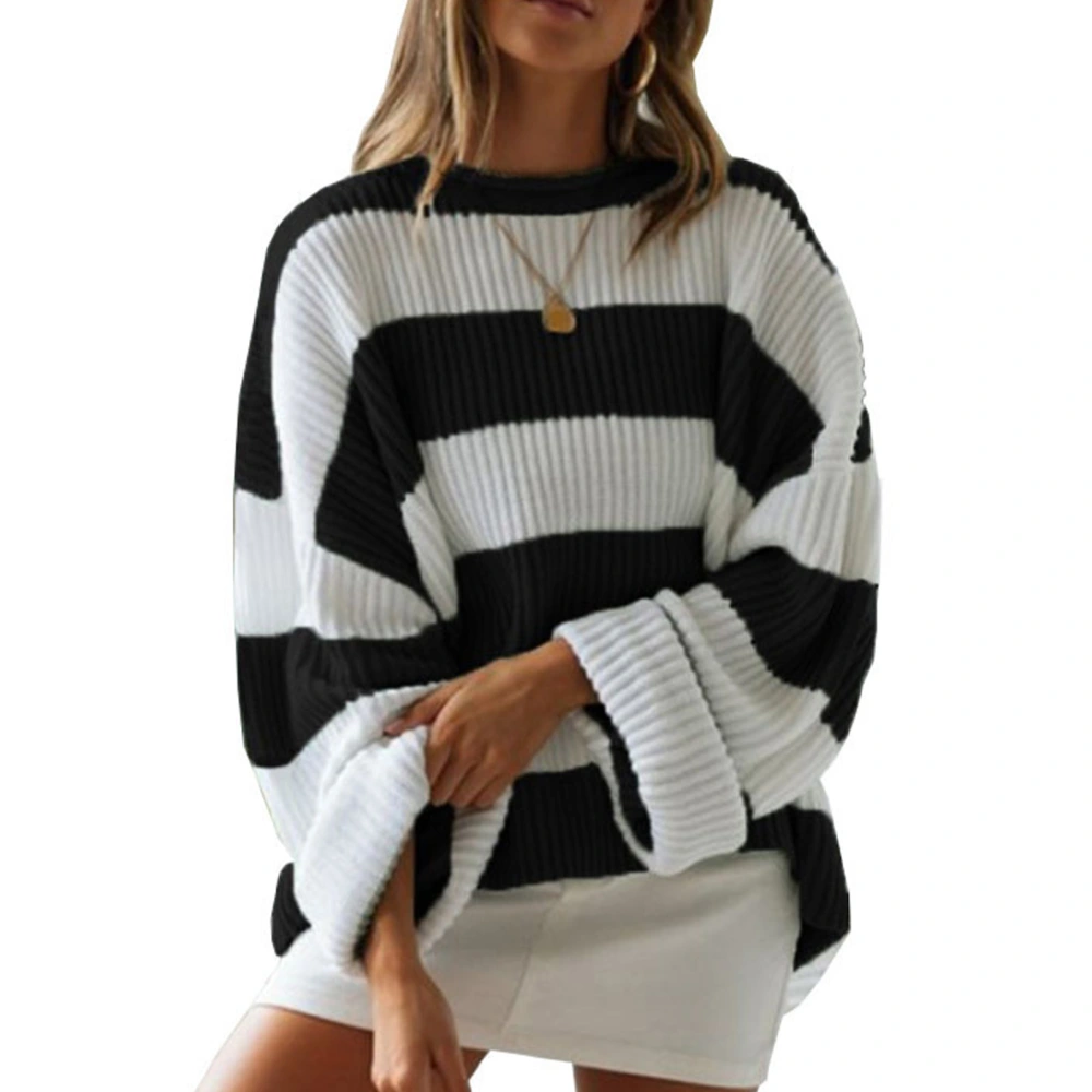 Women Knit Sweater Round Neck Fashion Style Casual Stripe Contrast Color Loose Long Sleeve Pullover Jumper Black XL