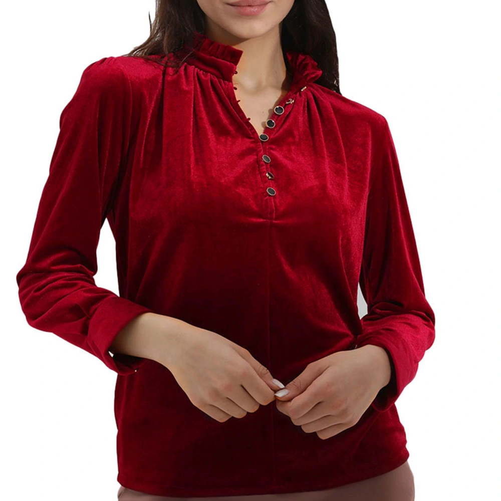 Women Frilled Neck Buttoned Front Velvet Top Long Sleeve V Neck Solid Color Blouse T Shirts Wine Red M