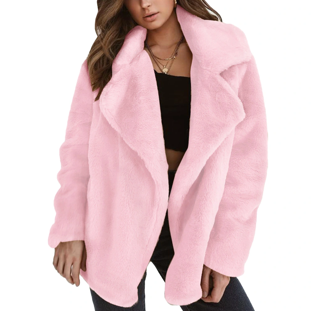 Plush Jacket Pure Color Casual Loose Long Sleeve Winter Fleece Warm Coat Outwear for Party Shopping Pink M