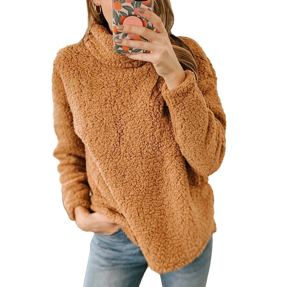 Women Long Sleeve Blouse High Neck Solid Color Warm Comfortable Soft for Daily Work Shopping Light Tan M