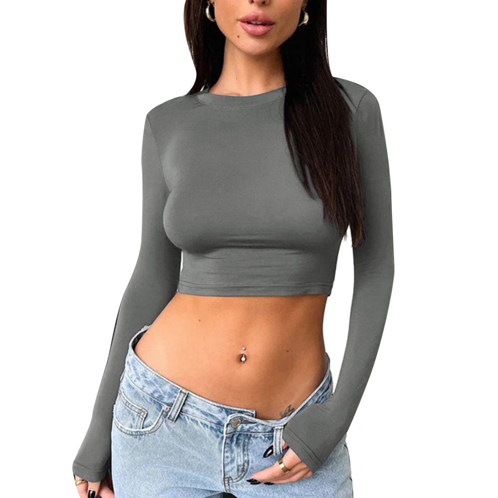 Women Top Round Neck Long Sleeve Cropped Slim Fit Casual Stylish Women Blouse for Daily Fitness Street Dark Gray L