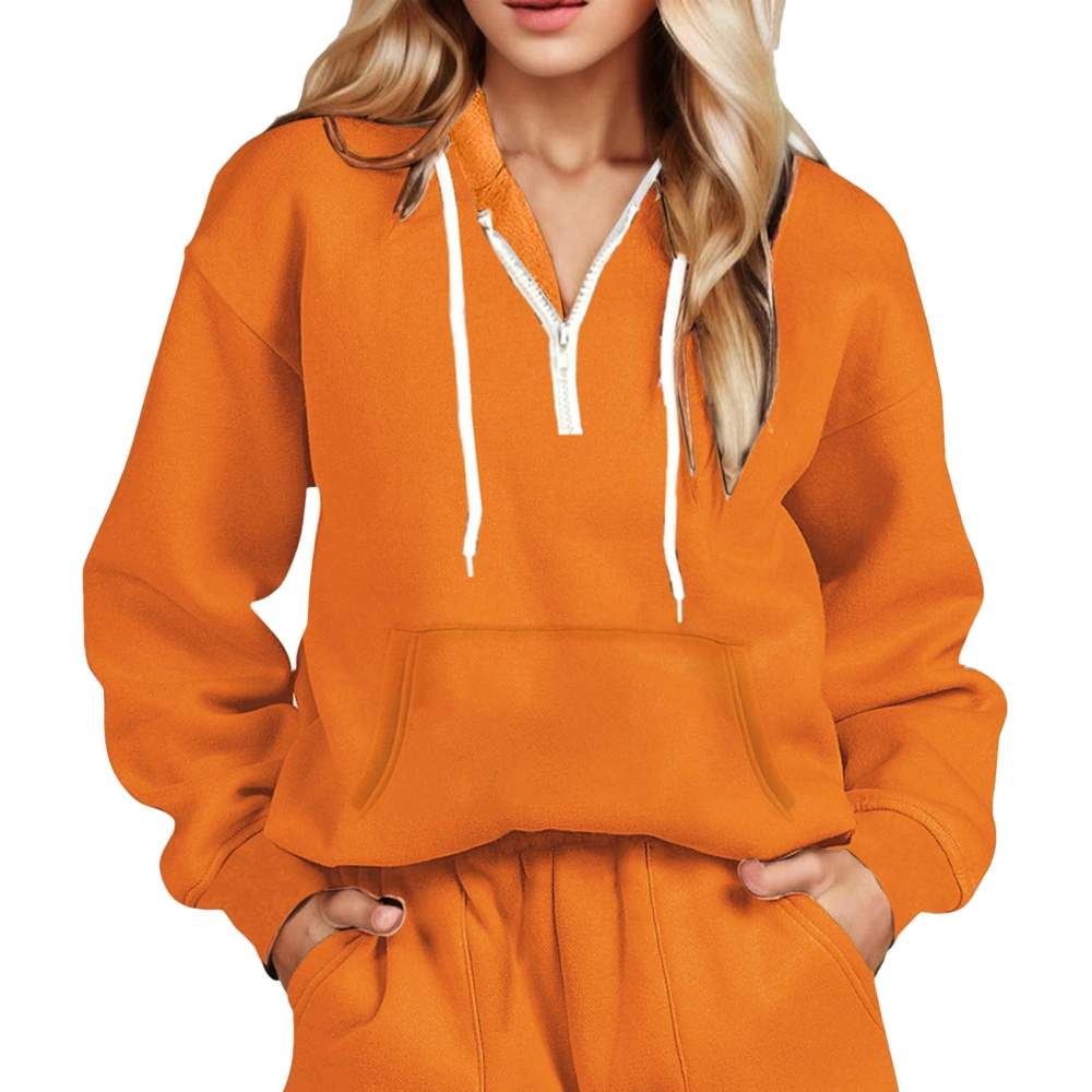 Half Zip Hooded Blouse Drawstring Pockets Casual Top Hoodies Long Sleeve Soft Stylish Pullover Blouse for Women Orange L