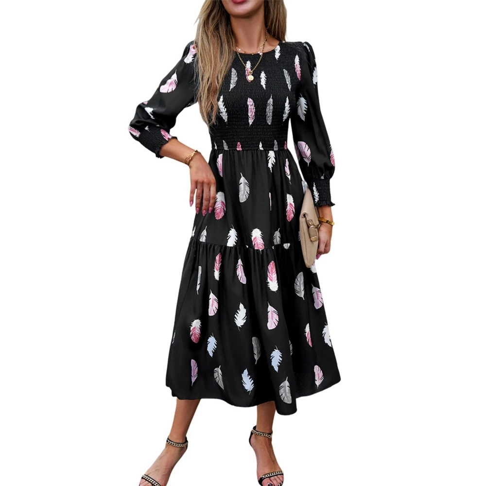 Women Feather Print Midi Dress 3/4 Sleeve Round Neck Elastic Shirred Feather Printed Stylish Dress Black with Pink Flower S