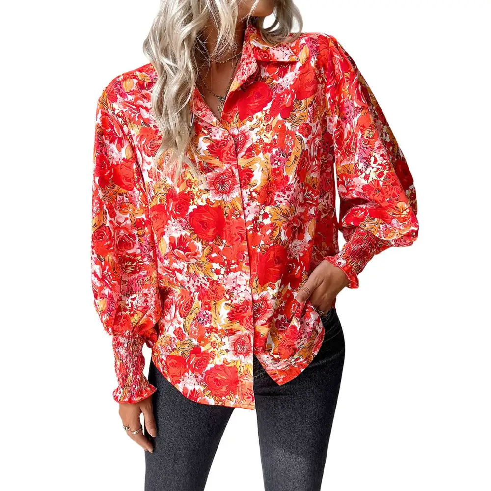 Lantern Sleeve Button Up Shirt Shirred Cuff Turn Down Collar Casual Fitted Printed Button Up Blouse Red M