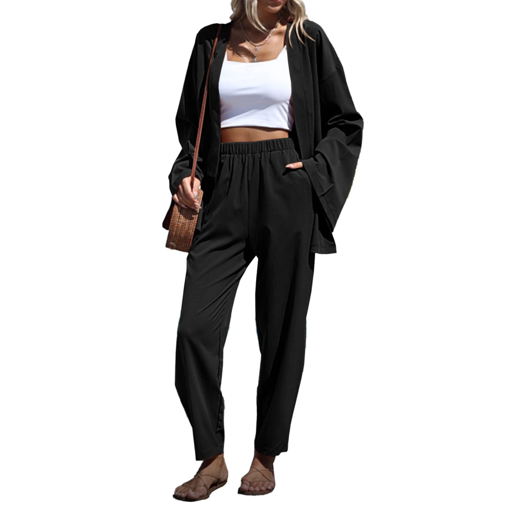 Women Loose Jacket Pants Set Long Sleeved Elastic Solid Color Casual Fashion Suit Black XXL