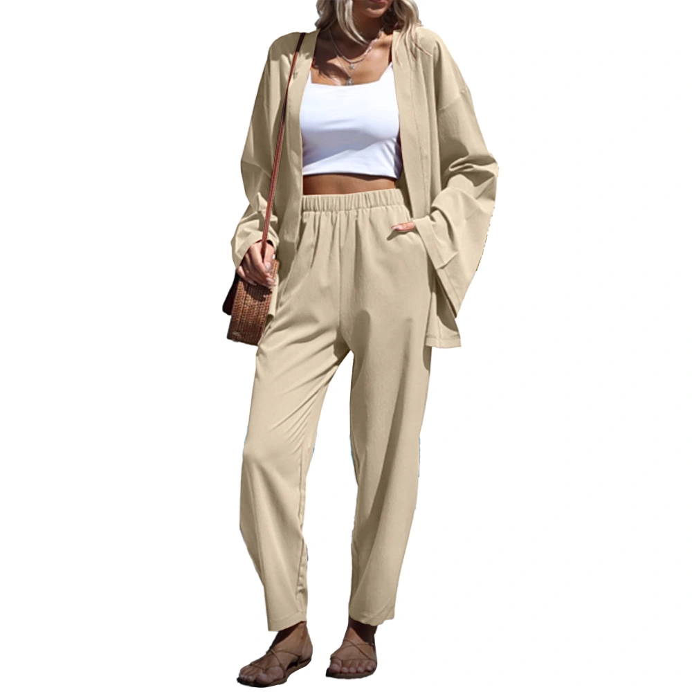 Women Loose Jacket Pants Set Long Sleeved Elastic Solid Color Casual Fashion Suit Apricot M