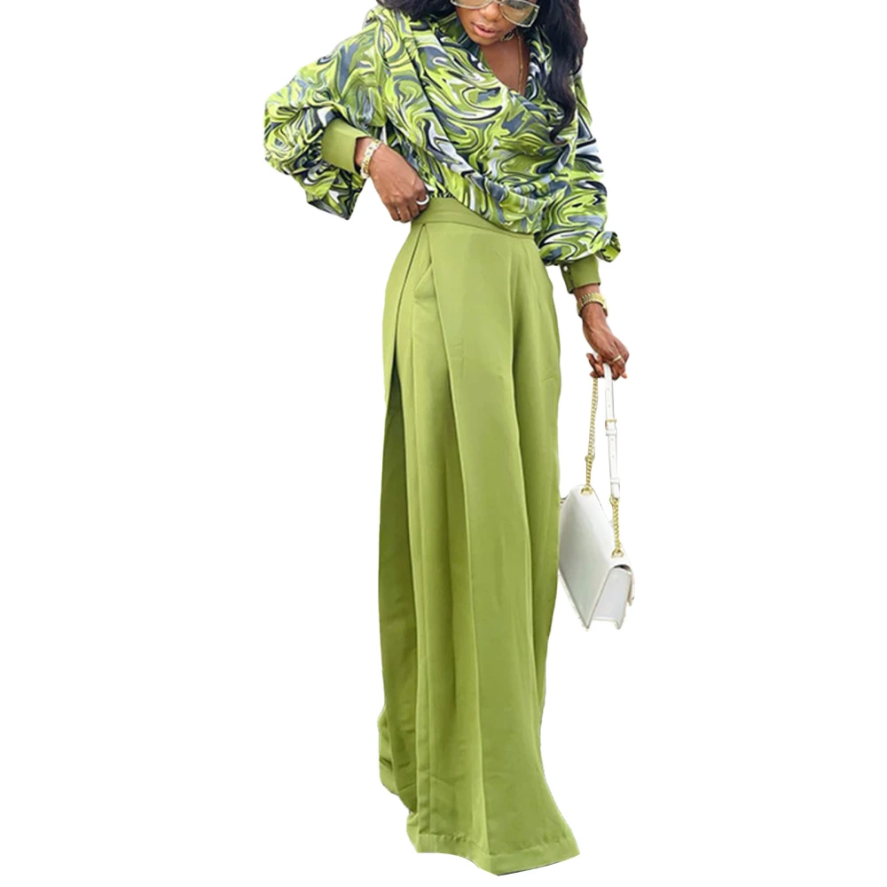 Women Two Piece Print Outfits Cowl Neck Top Wide Leg Pants Casual Long Sleeves Shirt Pants Set Green 2XL