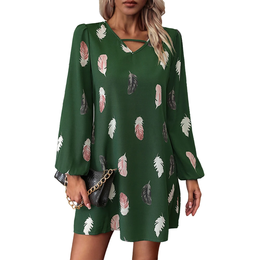 Long Sleeve V Neck Short Dress Women Casual Elegant Fashionable Feather Print Dress for Dating Party Blackish Green S