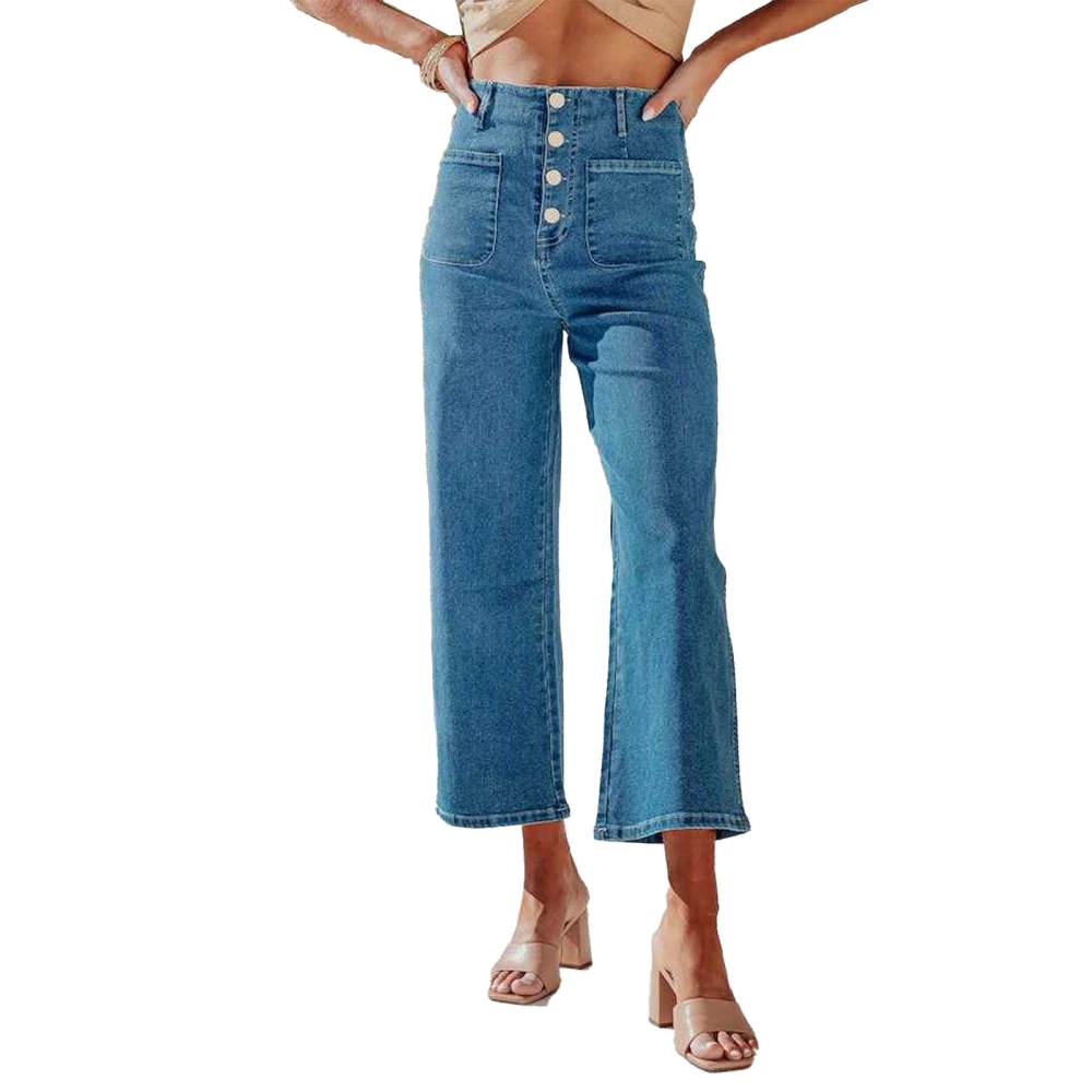 Women Loose Pants High Waist Long Pants Single Breasted Wide Straight Leg Trousers with Multiple Pockets Blue XXL