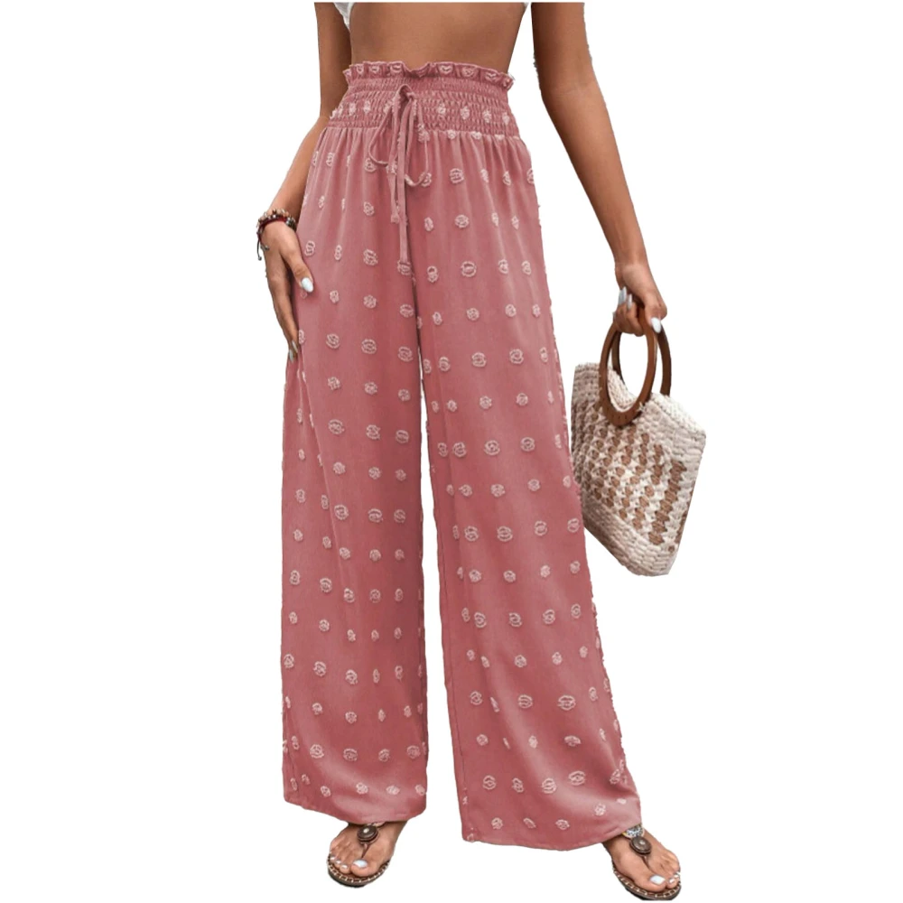 Women Trousers Straight Wide Leg Soft Breathable Fashion Casual Shirred Waist Lace Up Pants Pink M