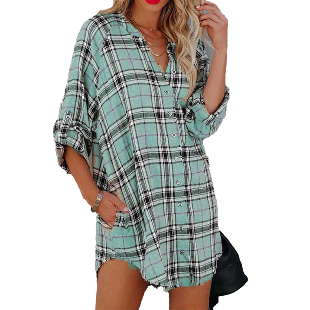 Shirt Dress Plaid Button Down Long Sleeve Dress V Neck Midi Dress for Office Dating Job Daily Outdoor Light Blue M