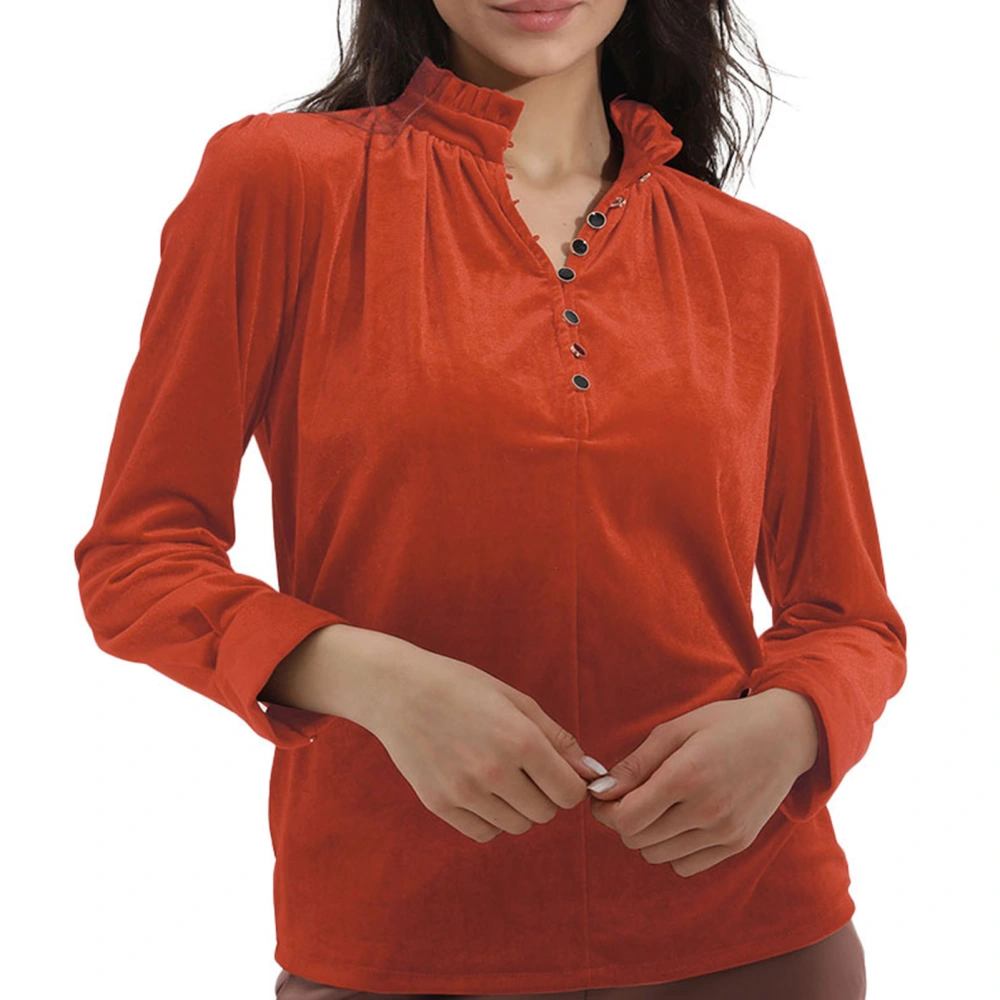 Women Frilled Neck Buttoned Front Velvet Top Long Sleeve V Neck Solid Color Blouse T Shirts Orange Red L