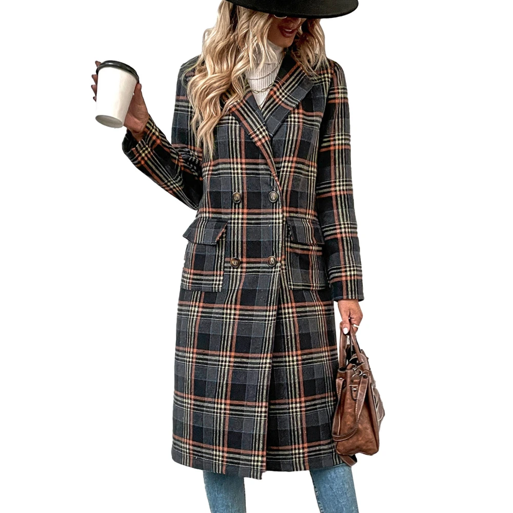 Women Double Breasted Plaid Coat Turn Down Collar Double Pockets Plaid Print Long Sleeve Fleece Casual Coat Black L