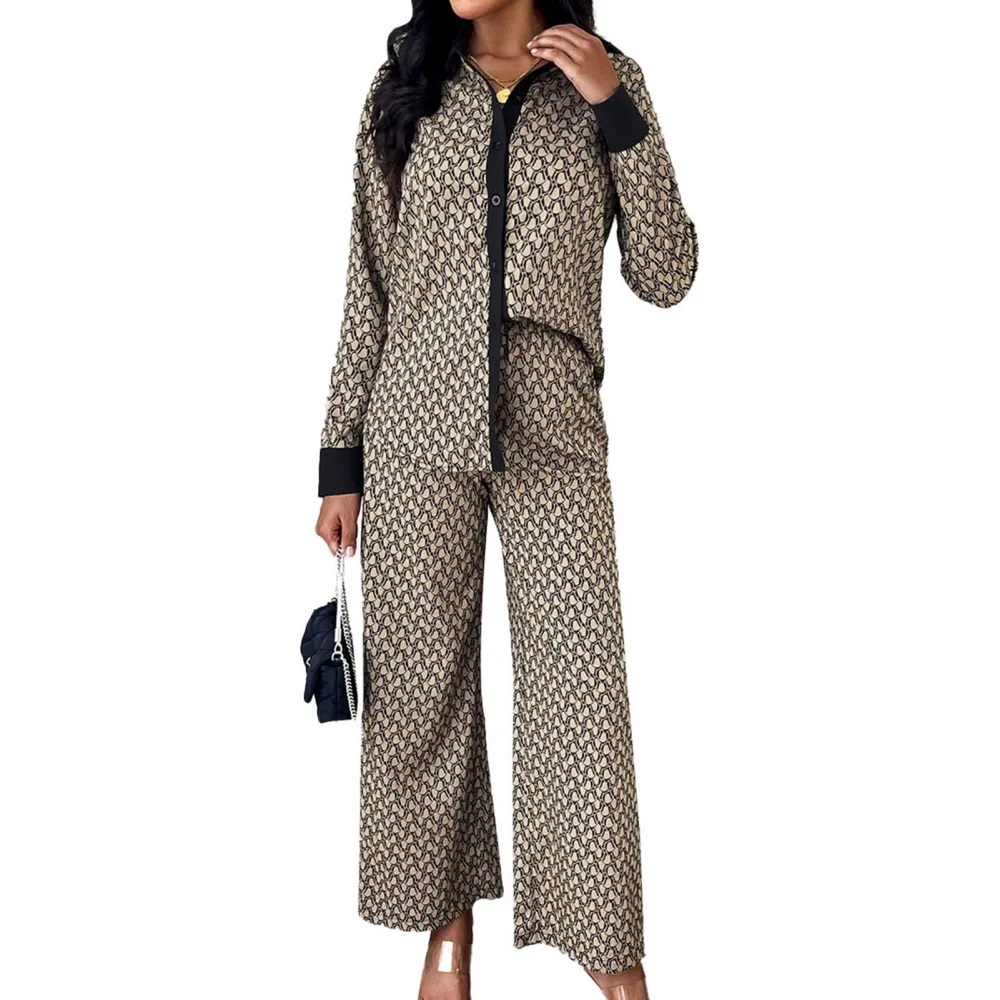 Women Long Sleeve Outfit Set Button Up Printed Wide Leg Pants Two Piece Matching Set Coffee Color L