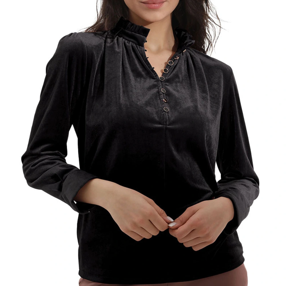 Women Frilled Neck Buttoned Front Velvet Top Long Sleeve V Neck Solid Color Blouse T Shirts Black M