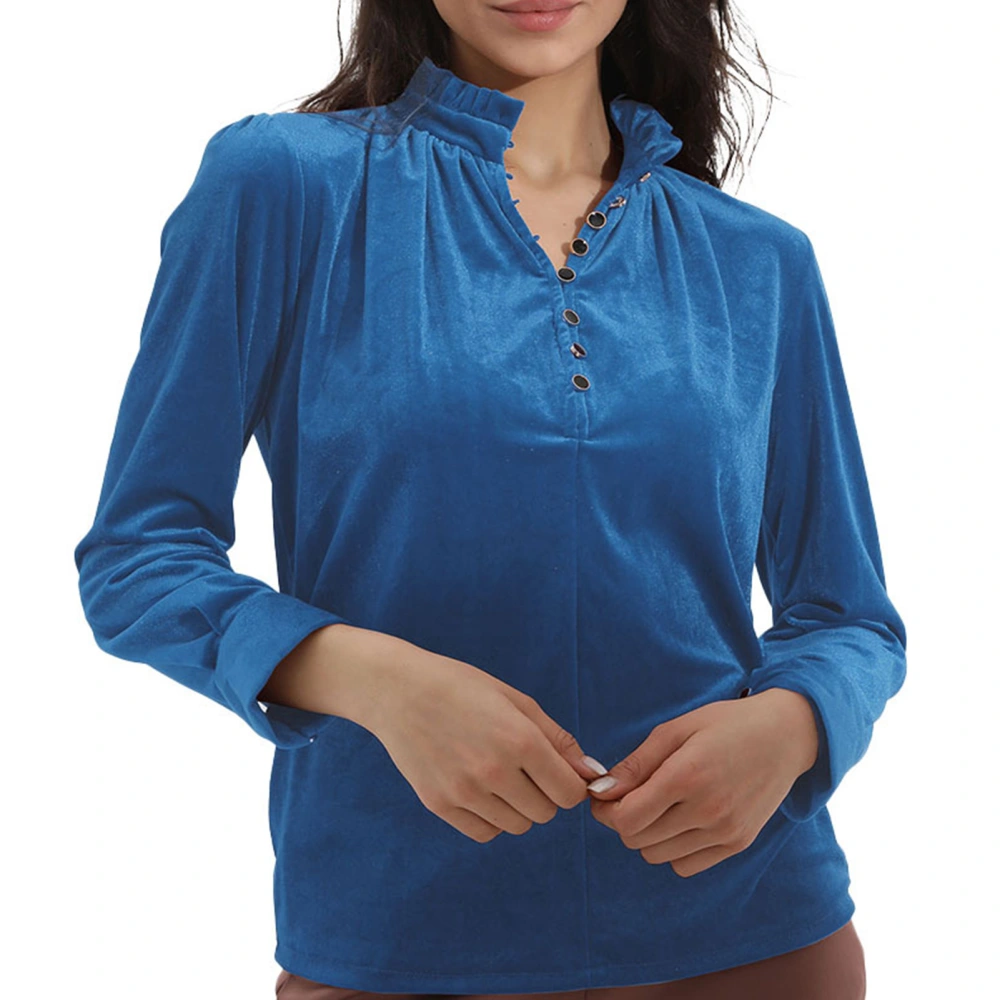 Women Frilled Neck Buttoned Front Velvet Top Long Sleeve V Neck Solid Color Blouse T Shirts Blue L