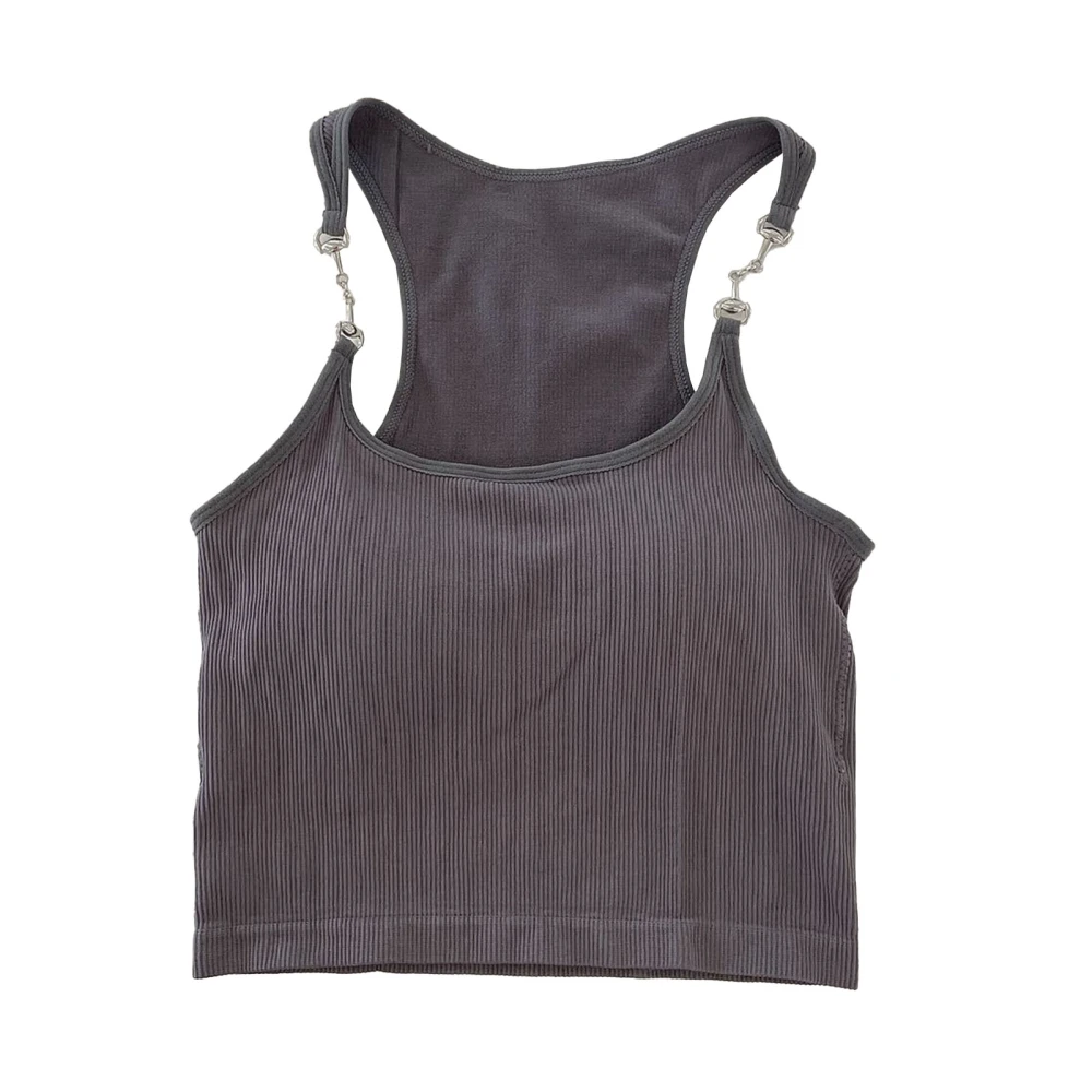 Women Tank Top Metal Buckle Ribbed Elastic Breathable Pure Color Bra Pads Sleeveless Camisole for Party Office Outdoor Grey Recommended Weight: 88.2lb to 143.3lb