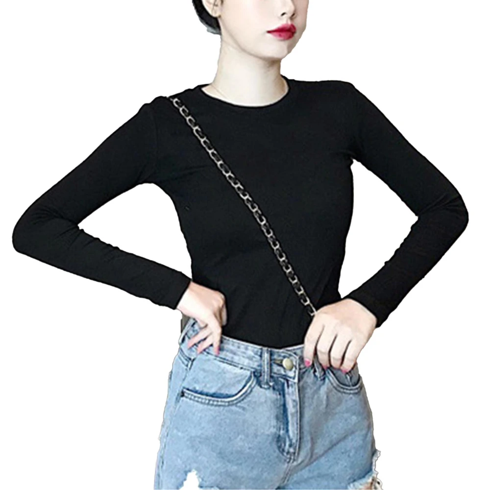 Women Long Sleeve Slim Fit T Shirt Crew Neck Stretchy Breathable Pure Color Pullover Top Black L