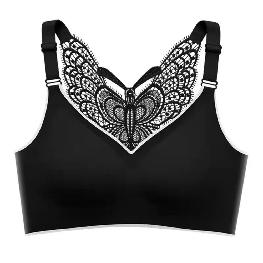 Seamless Womens Bra Soft Support Wireless Back Lace V Neck Underwear Breathable Wire Free Bra for Sports Sleep Black L for 50‑60kg