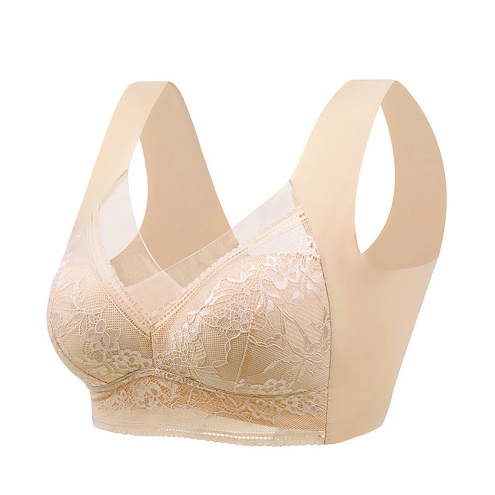 Women Push Up Wireless Bra Breathable Bust Support Wide Shoulder Strap Padded Lace Bra Skin Color L 88.2‑121.3lb