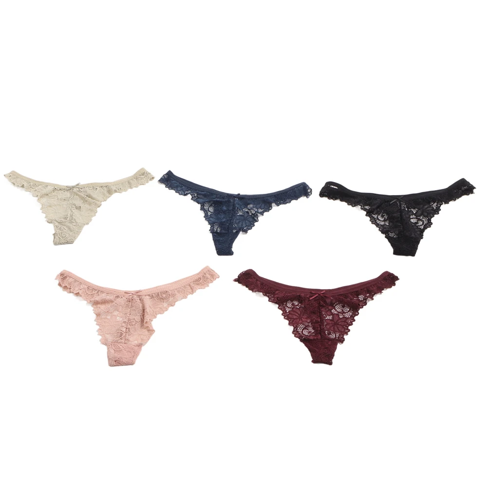 5pcs Women Lace Low Rise Underwear Cotton Crotch Fashionable Elegant Breathable Bow Decor Panties 5pcs Mixed L