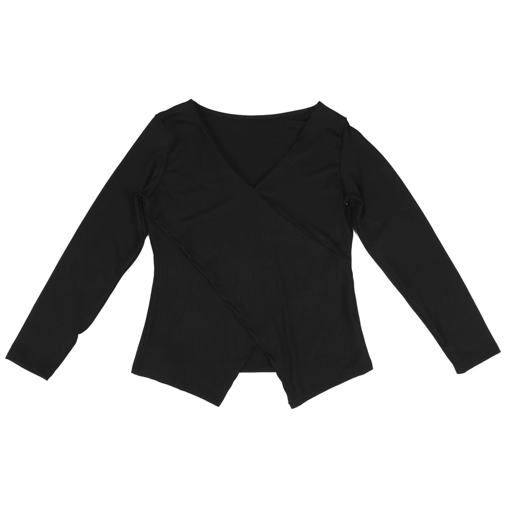 Women Crossing Wrap V Neck T Shirt Slim Fitting Rib Knitting Long Sleeves Top Black Black XL