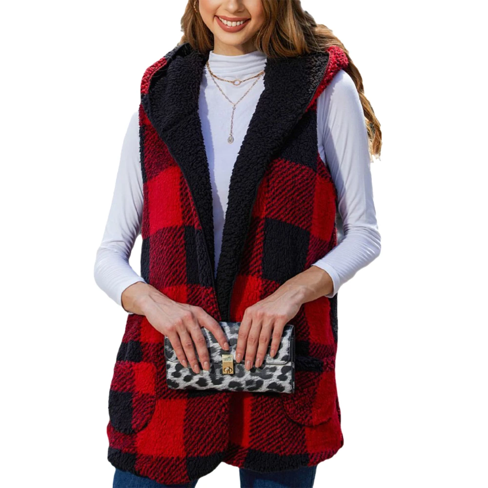 Women Sleeveless Fleece Vest Hooded Plaid Open Front Loose Fit Outerwear Coat Vest Red M