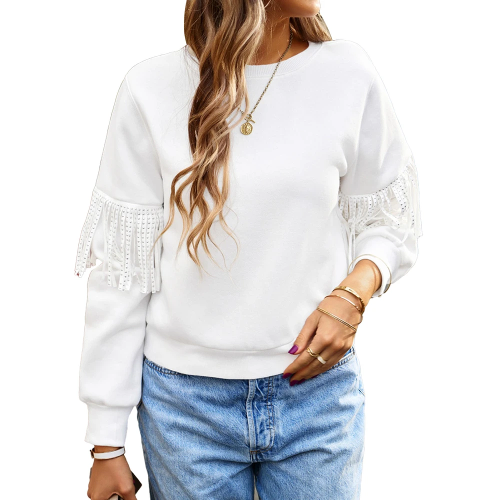 Women Round Neck Pullover Tassel Decor Long Sleeve Plain Pattern Loose Fitting Casual Sweatshirt White S