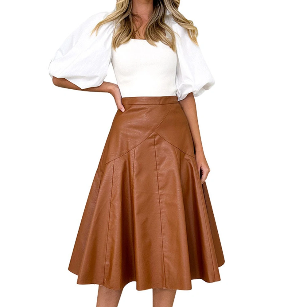 Women A Line Skirt High Waisted Side Zipper Splicing Style PU Leather Medium Length Skirt Khaki L