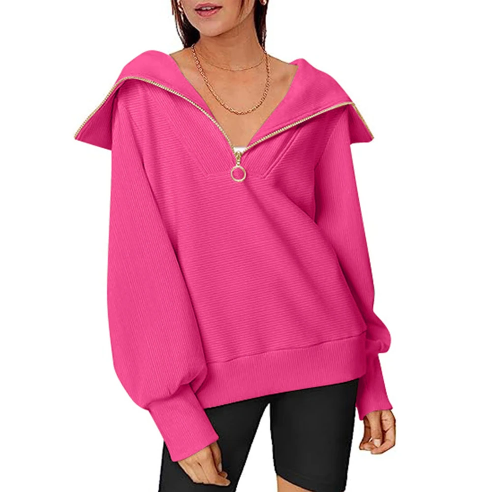 Women Half Zip Pullover Blouses Turn Down Collar Long Sleeve Top Half Zip Up Pure Color Fashionable Blouses Rose Red XL