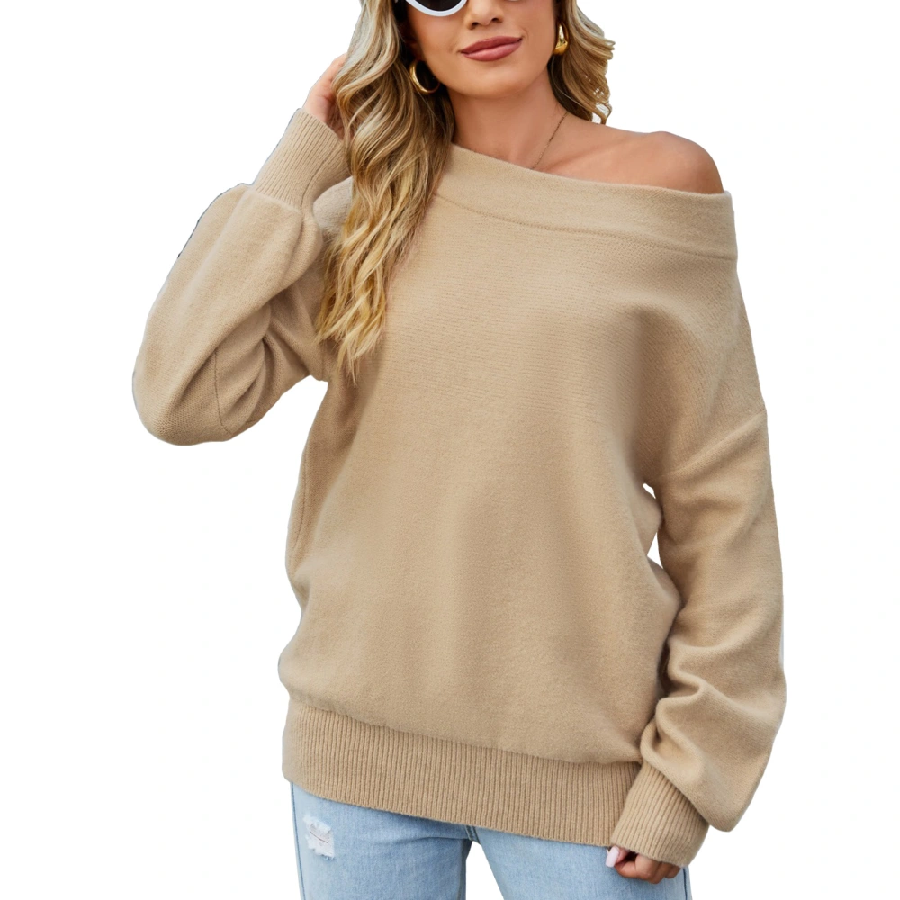 Women Drop Shoulder Sleeve Loose Blouse Drop Shoulder Long Sleeve Top Pure Color Soft Casual Pullover Blouse Khaki XL