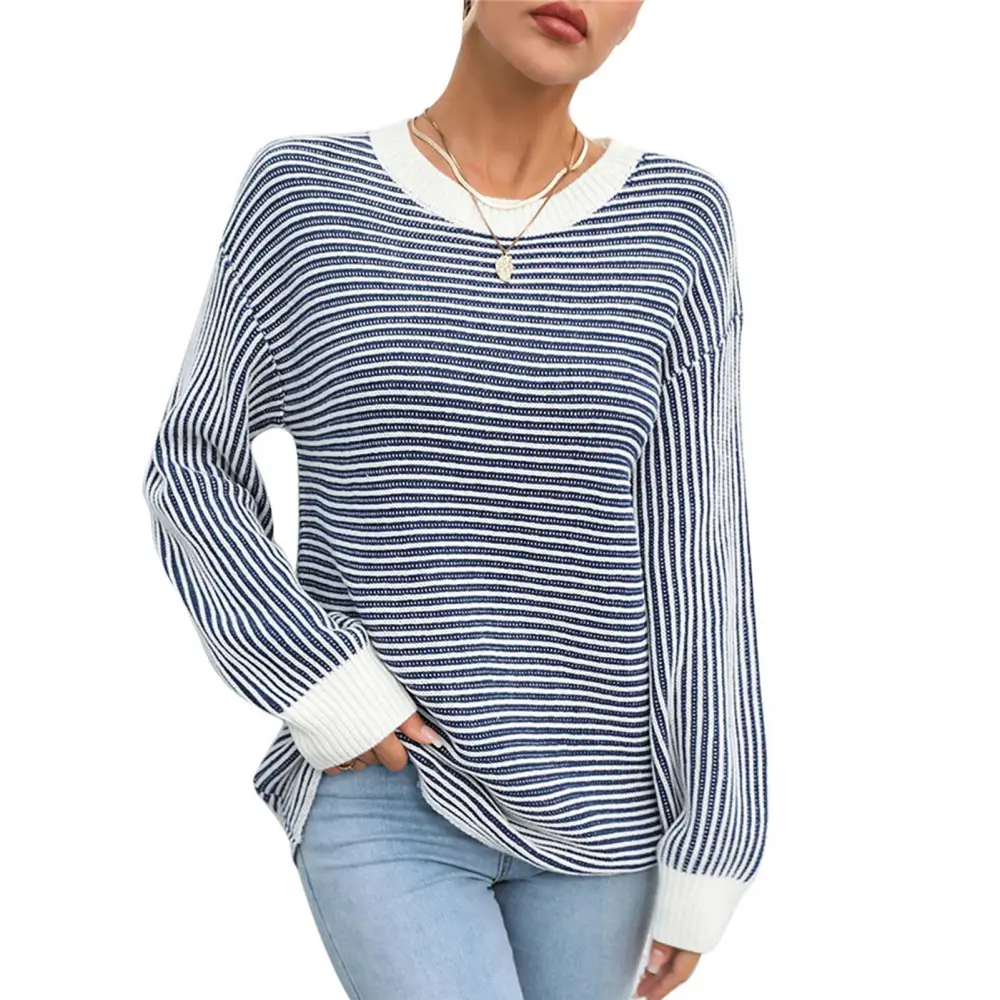 Women Striped Knit Tops Autumn Winter Fashionable Casual Women Long Sleeve Crew Neck Blouse for Daily Shopping Party Purplish Blue S