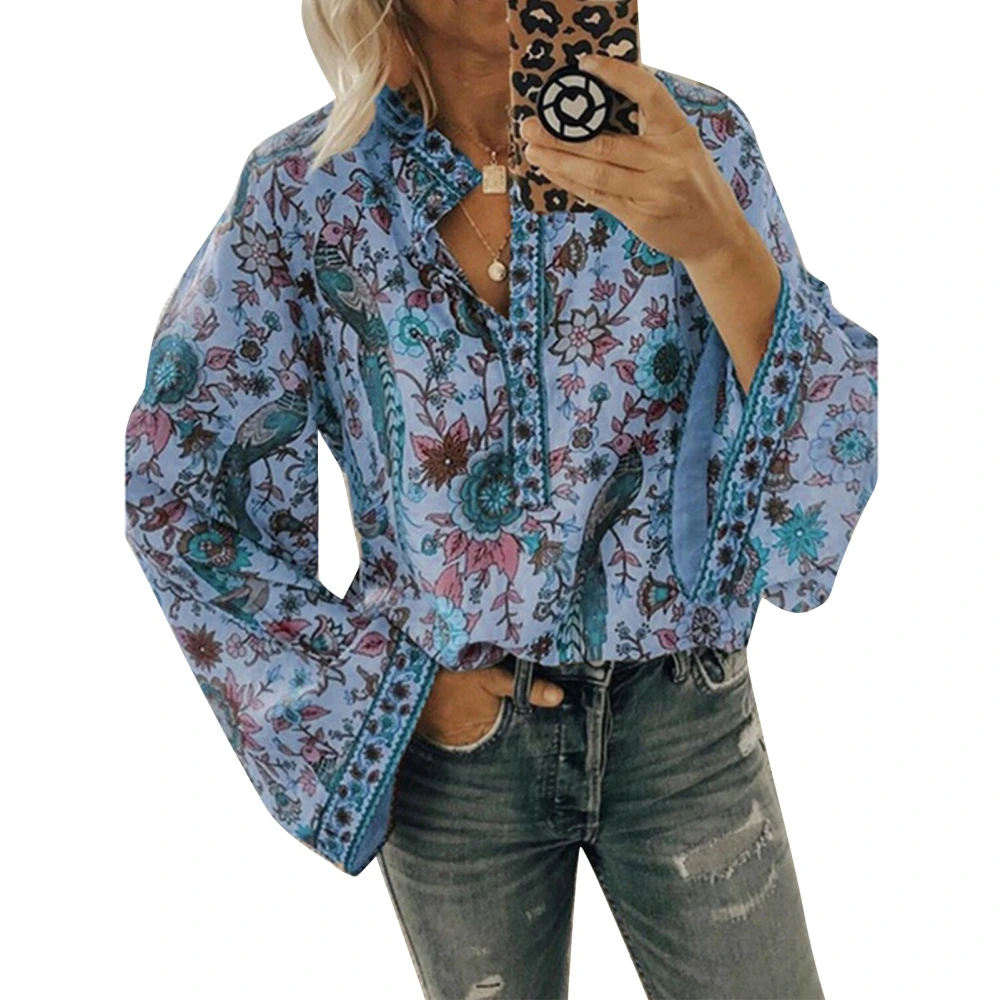 Women Long Sleeve Top Flower Prints V Neck Loose Button Down Soft Skin Friendly Women Tunic Top for Party Office Outing Blue L