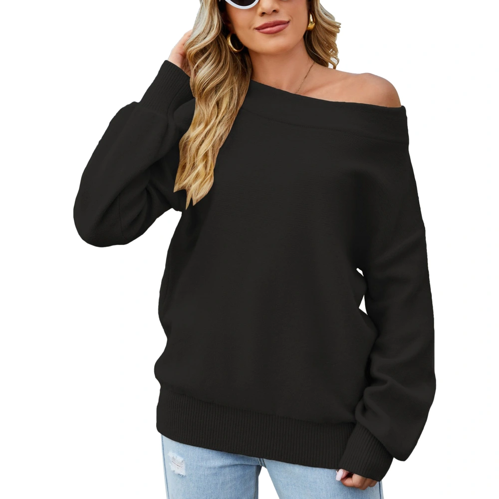 Women Drop Shoulder Sleeve Loose Blouse Drop Shoulder Long Sleeve Top Pure Color Soft Casual Pullover Blouse Black L