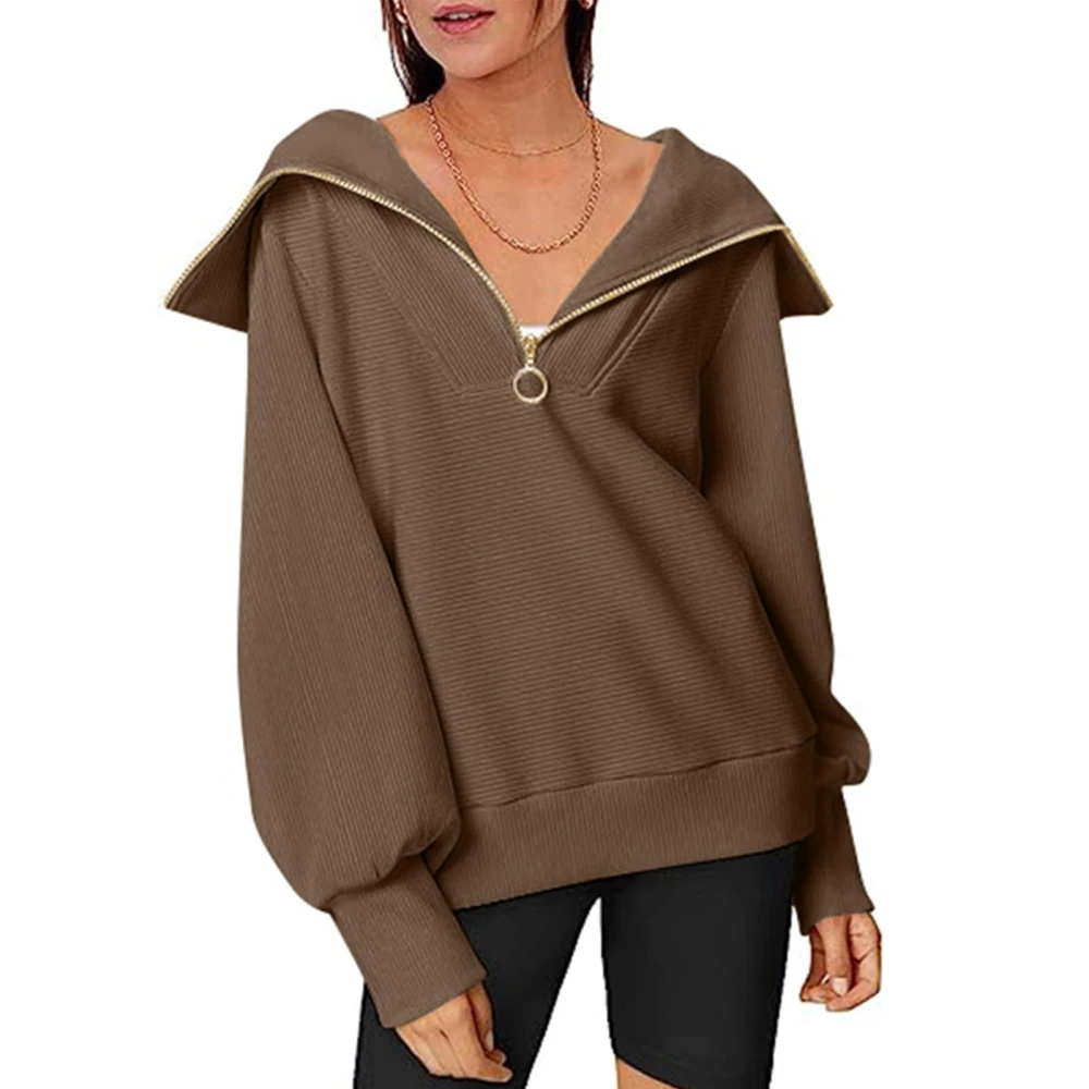 Women Half Zip Pullover Blouses Turn Down Collar Long Sleeve Top Half Zip Up Pure Color Fashionable Blouses Dark Brown S