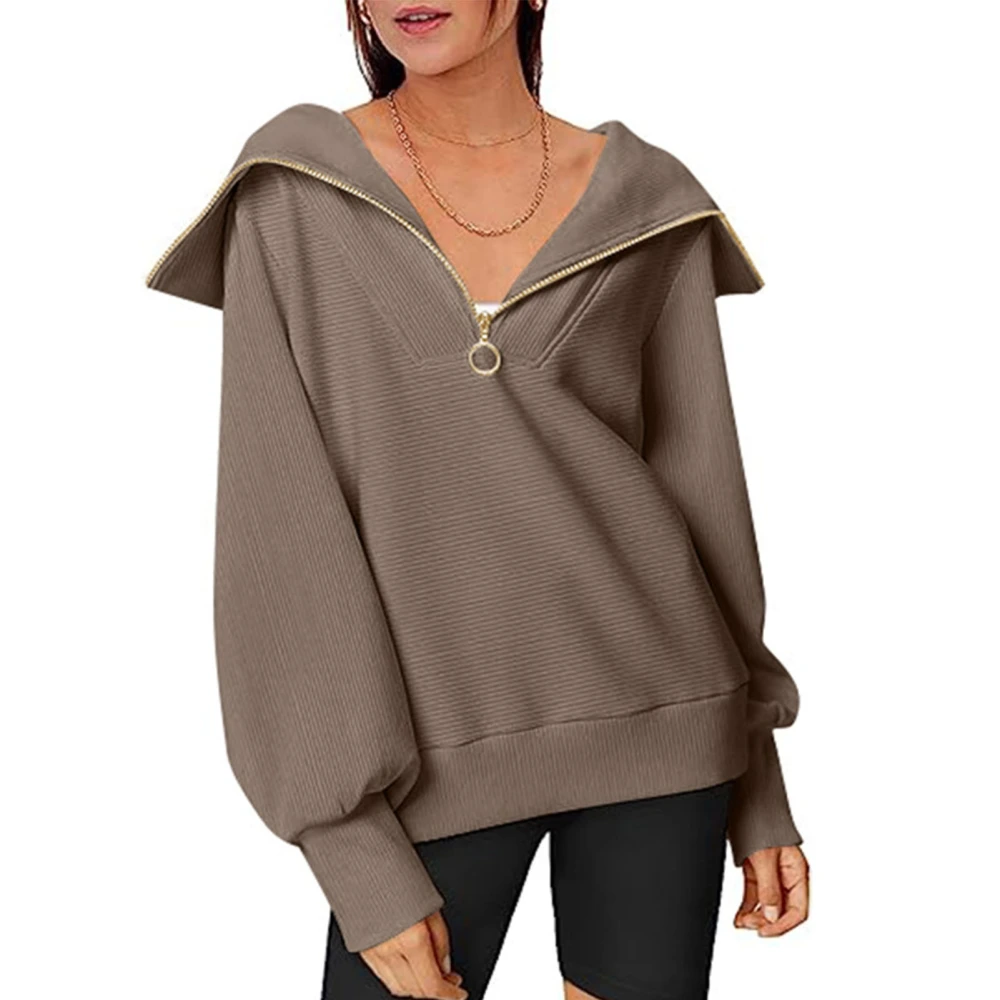 Women Half Zip Pullover Blouses Turn Down Collar Long Sleeve Top Half Zip Up Pure Color Fashionable Blouses Coffee L