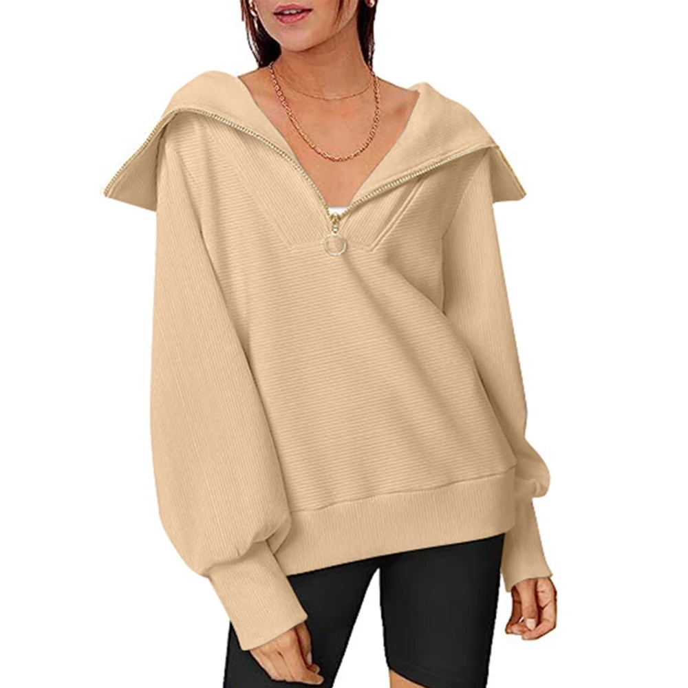 Women Half Zip Pullover Blouses Turn Down Collar Long Sleeve Top Half Zip Up Pure Color Fashionable Blouses Khaki XL