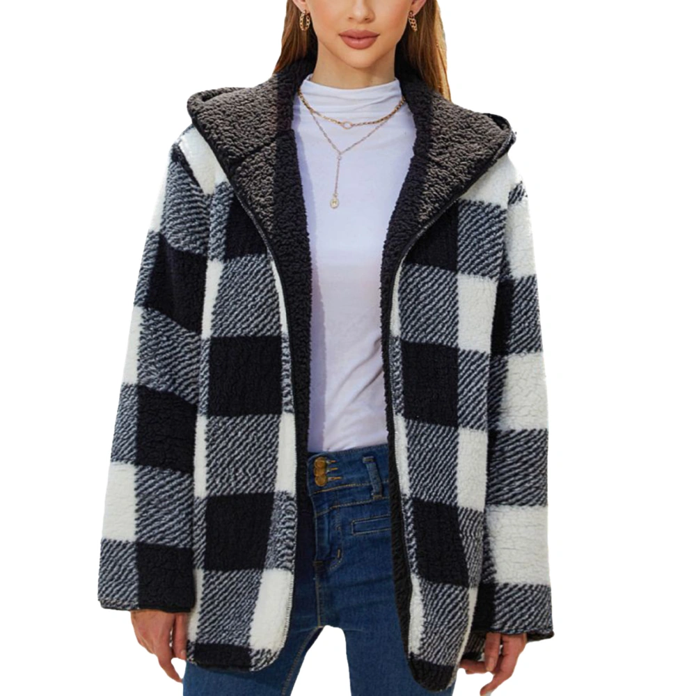 Plaid Plush Coat Open Front Loose Fitted Pocket Hoodie Double Side Plush Coat for Daily Life Black XL