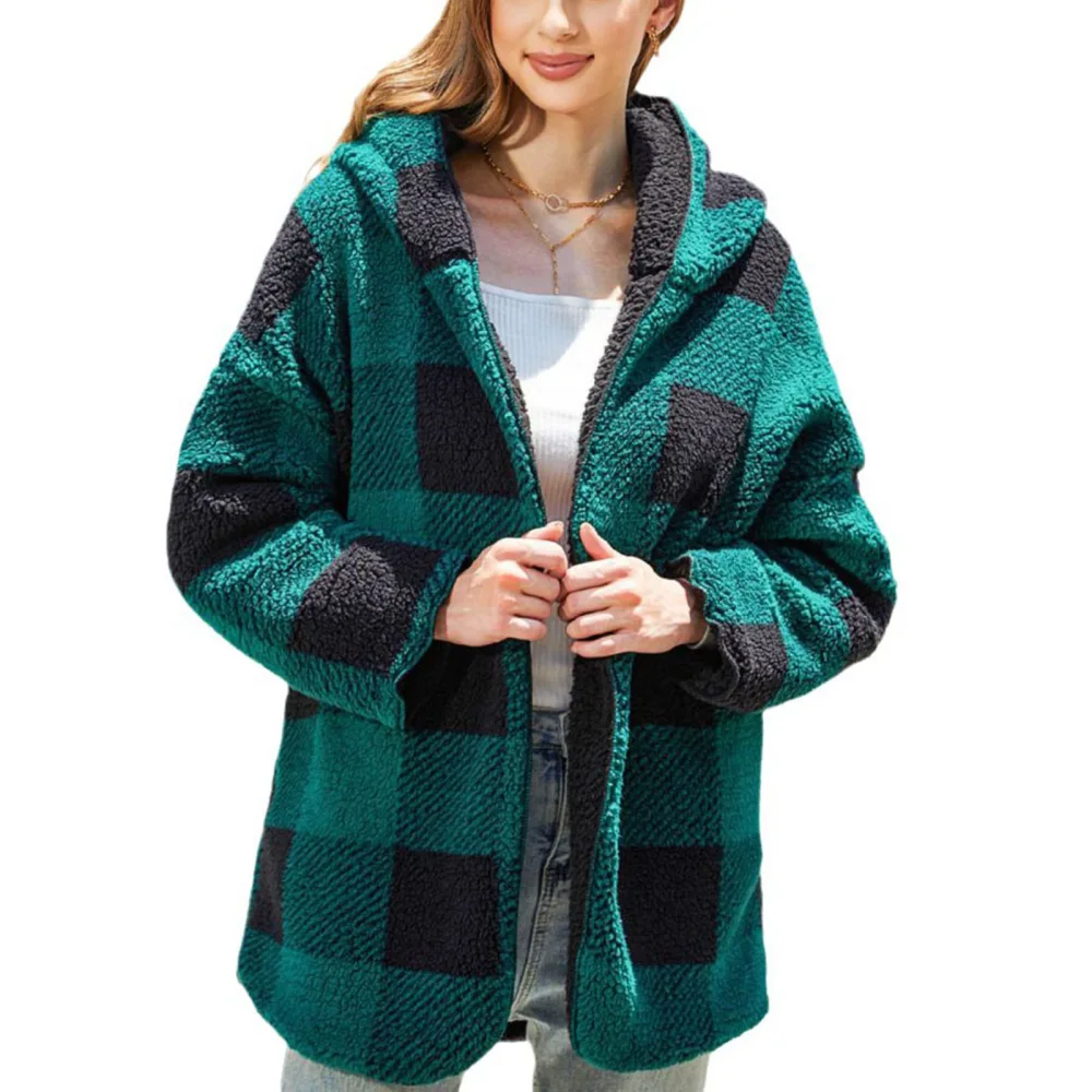 Women Reversible Plaid Coat Plaid Hooded Buttonless Long Sleeve Pockets Reversible Casual Fleece Coat Dark Green M