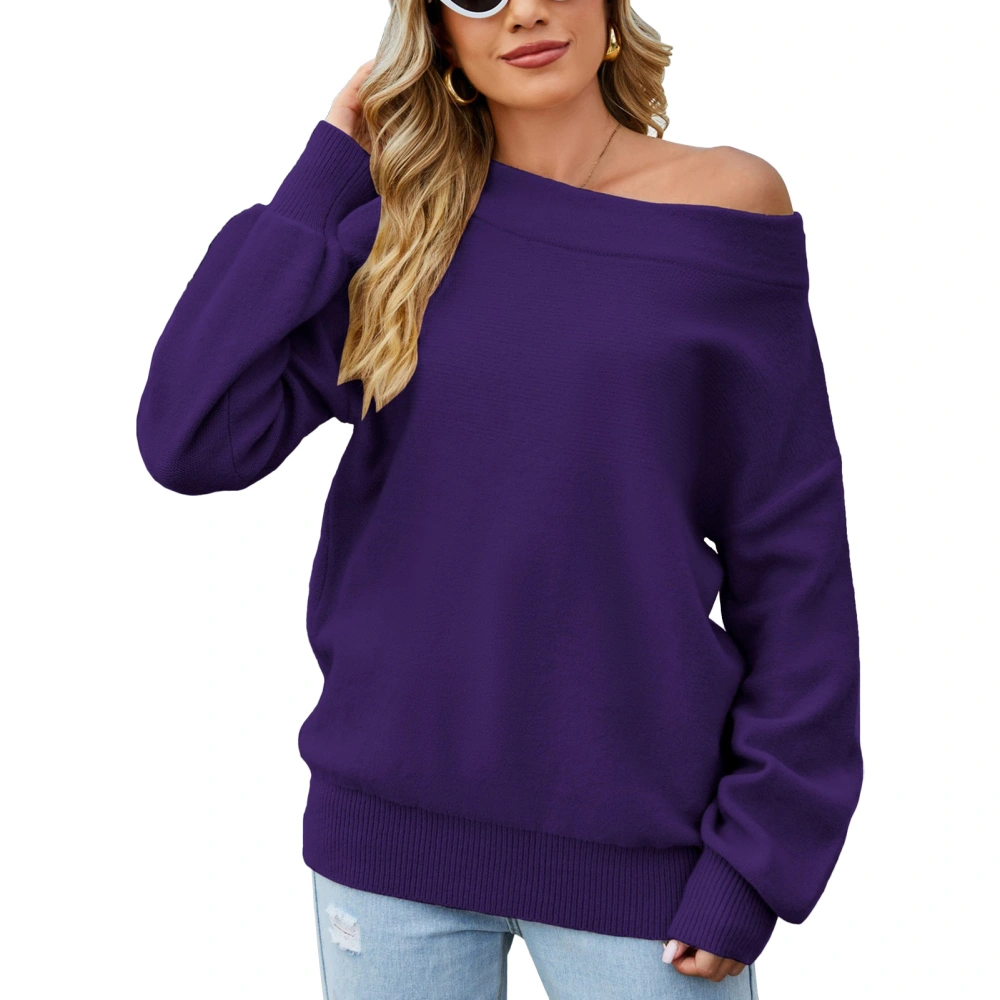 Women Drop Shoulder Sleeve Loose Blouse Drop Shoulder Long Sleeve Top Pure Color Soft Casual Pullover Blouse Purple S