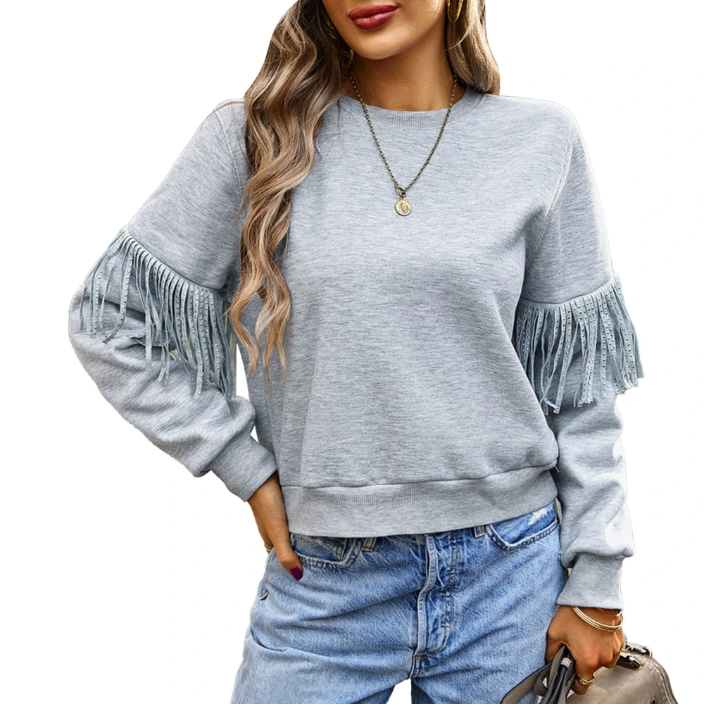 Women Round Neck Pullover Tassel Decor Long Sleeve Plain Pattern Loose Fitting Casual Sweatshirt Gray L