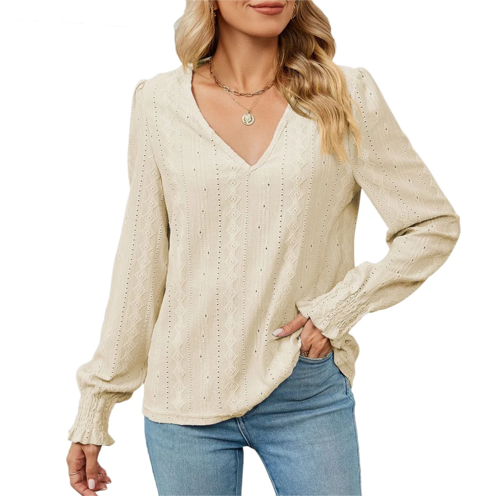 Women Long Sleeve Blouse Breathable Eyelet V Neck Puff Sleeve Loose Comfortable Women Shirt Top for Spring Autumn Winter Beige S