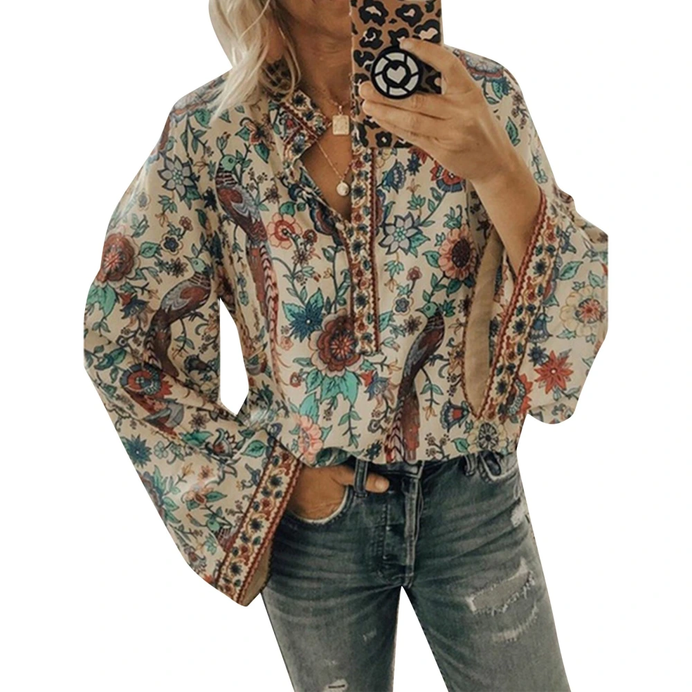 Women Long Sleeve Top Flower Prints V Neck Loose Button Down Soft Skin Friendly Women Tunic Top for Party Office Outing Apricot L