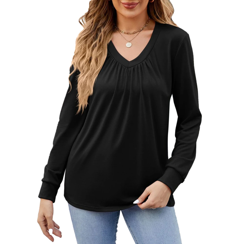 Women Pleated Blouse Long Sleeve V Neckline Plain Color Casual Fitted Pleated Blouse Black M