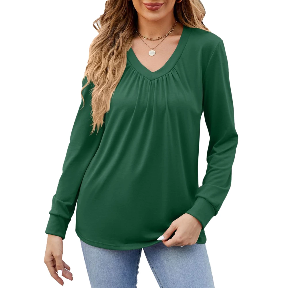 Women Pleated Blouse Long Sleeve V Neckline Plain Color Casual Fitted Pleated Blouse Green M